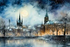 uma caprichoso inverno panorama captura a encantador skylines do europeu cidades dentro uma sonhadores aguarela pintura foto