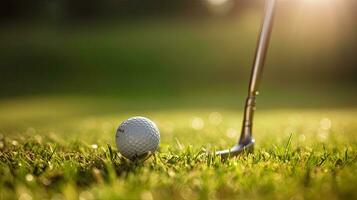 golfe clube e golfe bola em verde Relva às pôr do sol. jogador de golfe. generativo ai foto
