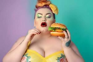 gordo mulher com grande Hamburger. gerar ai foto