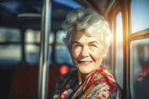 velho mulher ônibus viagem dentro luz solar. gerar ai foto