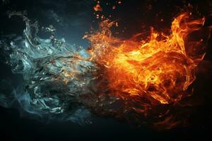 contrastante elementos, fogo e água entrelaçado em Sombrio pano de fundo ai gerado foto