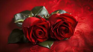casal do vermelho rosas dentro coração forma com vermelho paixão fundo, generativo ai foto