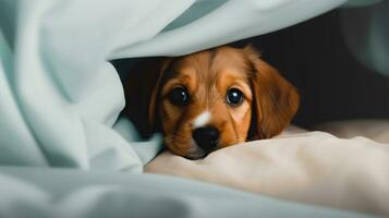 uma pequeno Castanho cachorro espreitadelas Fora a partir de debaixo a cobre em a cama. generativo ai foto