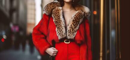 elegante mulher vestindo luxo equipamento com pele casaco, dourado cinto e vermelho fantasia. generativo ai foto