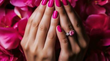 mulher mãos juntas acima com Casamento anel e brilhante Rosa unha polonês em meio comprimento unhas em repouso em flor pétala. ai generativo foto