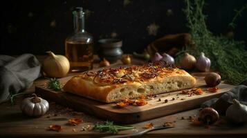 borda com saboroso italiano focaccia, cebola, especiarias e faca, generativo ai foto