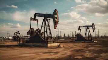 óleo perfuração torres às deserto campo petrolífero para fóssil combustíveis resultado e bruto óleo Produção a partir de a chão. óleo broca equipamento e bomba jack fundo, generativo ai foto