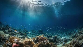 embaixo da agua brilho com lixo flutuando em mar - de Meio Ambiente problema, generativo ai foto