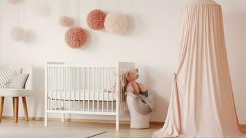 branco de lã cobertor e pastel Rosa pompom colocada em uma de madeira berço com marquise dentro brilhante bebê quarto interior com poster em a parede, generativo ai foto