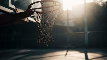 basquetebol indo através a cesta às uma Esportes arena, generativo ai foto