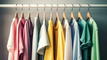 colorida roupas em roupas prateleira, pastel colorida armário de roupa dentro compras loja ou quarto. arco Iris cor roupas escolha em cabides, casa guarda roupa conceito. generativo ai foto