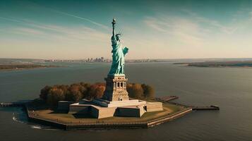 aéreo Visão do famoso Lugar, colocar lindo ponto de referência a estátua do liberdade dentro Novo Iorque EUA . generativo ai foto