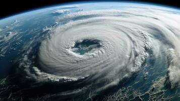 furacão Florença sobre atlântico. super tufão sobre a oceano. a olho do a furacão. a atmosférico ciclone. satélite visualizar. generativo ai foto