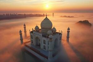 aéreo Visão do taj mahal dentro a indiano cidade do agra, uttar pradesh. manhã névoa. nascer do sol. generativo ai. foto