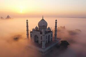 aéreo Visão do taj mahal dentro a indiano cidade do agra, uttar pradesh. manhã névoa. nascer do sol. generativo ai. foto