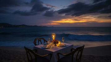 luxo romântico luz de velas jantar mesa configuração para casal dentro oceano Visão restaurante, ai generativo foto