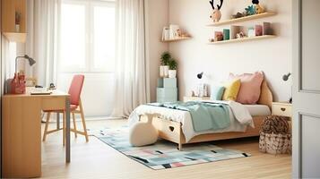 colorida quarto Projeto para adolescente, solteiro de madeira cama e escrivaninha com livros, generativo ai foto