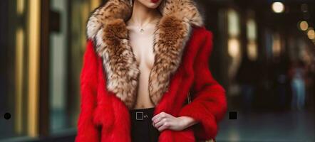opulento fascínio, uma elegante mulher irradiando dentro uma pele casaco e cativante vermelho fantasia. generativo ai foto