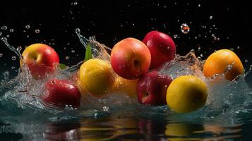 frutas queda para dentro a água, generativo ai foto