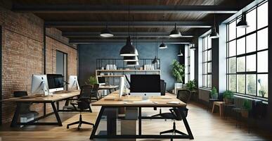 concepção para eficiência, moderno escritório interior com uma loft conceito. generativo ai foto