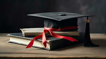 uma mortarboard e graduação rolagem, amarrado com vermelho fita, em uma pilha do velho maltratado livro com esvaziar espaço para a esquerda. generativo ai foto