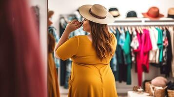 lindo excesso de peso mulher compras dentro butique, costas visualizar, ai generativo foto
