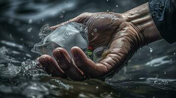 plástico poluição - mans mão dentro plástico mar - de Meio Ambiente problema, generativo ai foto