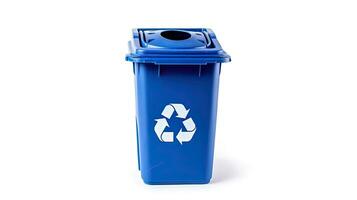 uma azul reciclar bin com reciclar símbolo isolado em branco fundo. generativo ai foto