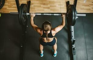 com poder mulher elevação barra com determinação dentro a academia. generativo ai foto