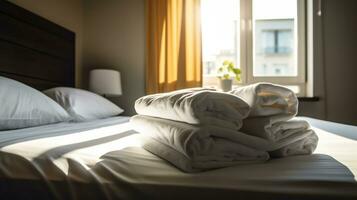 hotel quarto com recentemente fez cama, perfeitamente limpar \ limpo e passado a ferro folhas, pilha do Novo guardada toalhas e solteiro flor Como decoração. generativo ai foto