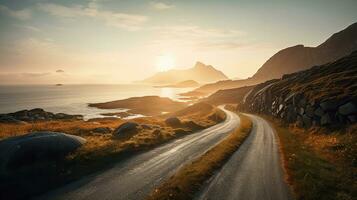 estrada de a mar dentro nascer do sol tempo, lofoten ilha, Noruega, generativo ai foto