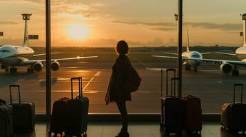 viagem turista em pé com bagagem assistindo pôr do sol às aeroporto janela. irreconhecível mulher olhando às salão olhando às aviões enquanto esperando às embarque portão antes partida. generativo ai foto