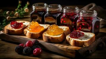 delicioso Torradas com doce geléias em de madeira fundo, ai generativo foto