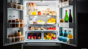 geladeira com diferente produtos dentro cozinha, ai generativo foto
