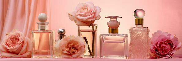 grupo do diferente perfume garrafas e amostrador em uma Rosa floral fundo. perfumaria coleção. gerador ai foto