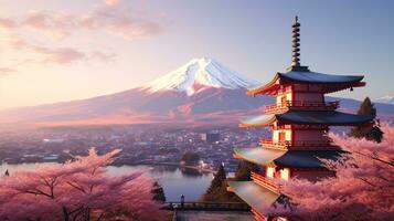 montar Fuji e chureito pagode às pôr do sol, Japão dentro a Primavera com cereja flores. montanha fuji. generativo ai foto