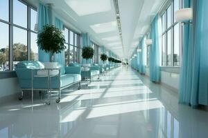 abstratamente borrado luxo hospital corredor, evocando uma sereno cuidados de saúde meio Ambiente ai gerado foto