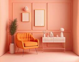 interior espaço dentro simples rosado laranja monocromático com mobília e decoração. cópia de espaço em uma luz fundo. cenários para apresentações, sites, ou cenário quadros foto