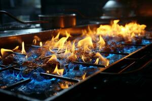 quente azul e amarelo fogo chamas cozinhando em cozinha fogão ai gerado foto