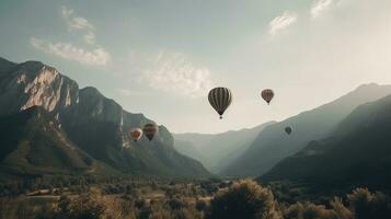 colori balões mosca dentro a nuvens dentro a Sol sobre a montanhas, colinas. ai gerado. foto