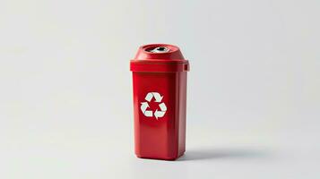 uma vermelho reciclar bin com reciclar símbolo isolado em branco fundo. generativo ai foto