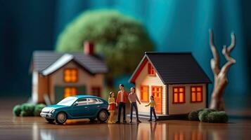 seguro casa, carro e família saúde viver conceito. a seguro agente apresenta a brinquedos este simbolizar a cobertura. seguro cobertura conceito. generativo ai foto