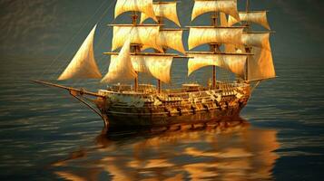 dourado barca navio com quadrado velas em luxo abstrato onda arte fundo dentro ouro linha arte estilo. generativo ai foto