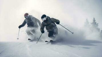 grupo do esquiadores atletas competir indo baixa a partir de esqui montanha. ai gerado. foto