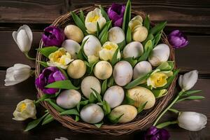 cesta transbordante com lindo branco e roxa flores foto