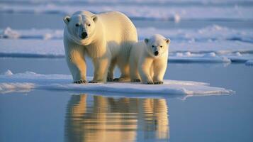 polar Urso com filhote em gelo floe. generativo ai foto