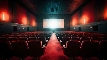 cinema interior do filme teatro com esvaziar vermelho e Preto assentos com copyspace em a tela e brilho em borda. generativo ai foto