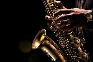 fechar acima do saxofone jogador mãos saxofonista jogando jazz música. alto saxofone musical instrumento em Preto fundo. generativo ai foto