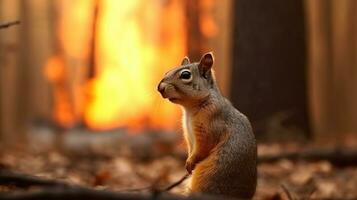 assustado animal esquilo em a fundo do uma fogo dentro a floresta. ai gerado. foto