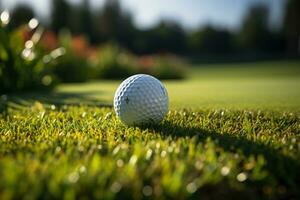 golfe bola descansos perto orifício em verde ai gerado foto